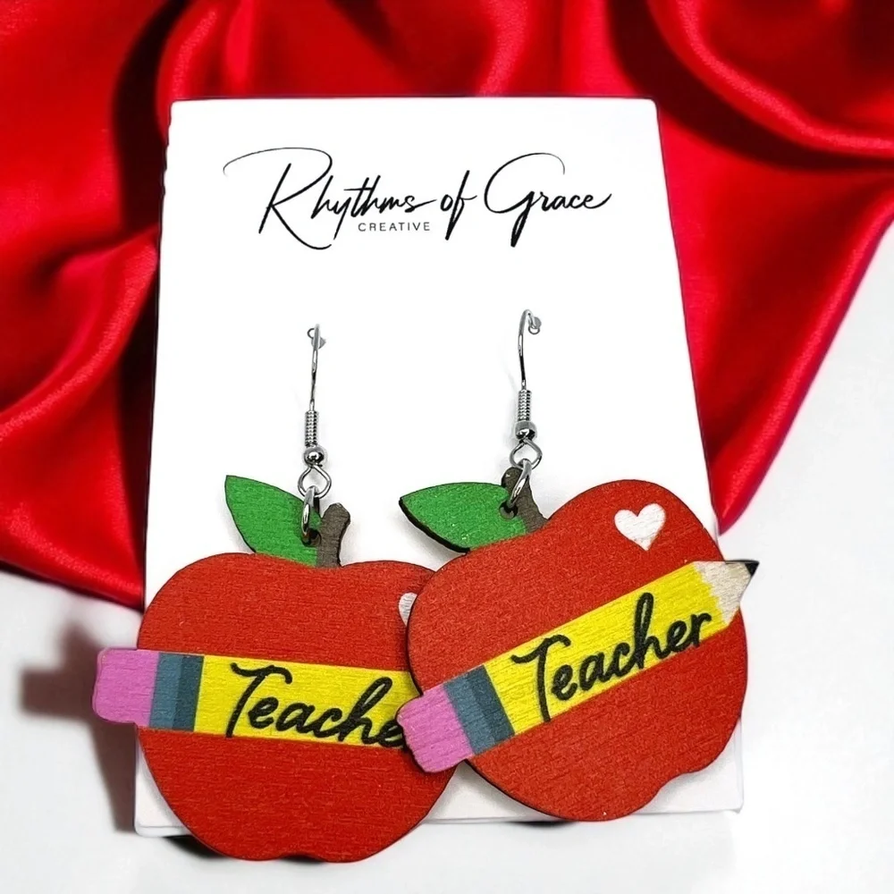 Teacher Apple & Pencil Wooden Earrings Back to School NWT
